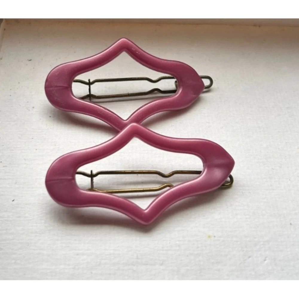 Vintage France Mauve Diamond Hair Clips Pair 1970s Geometric Mod Barrette As Is
